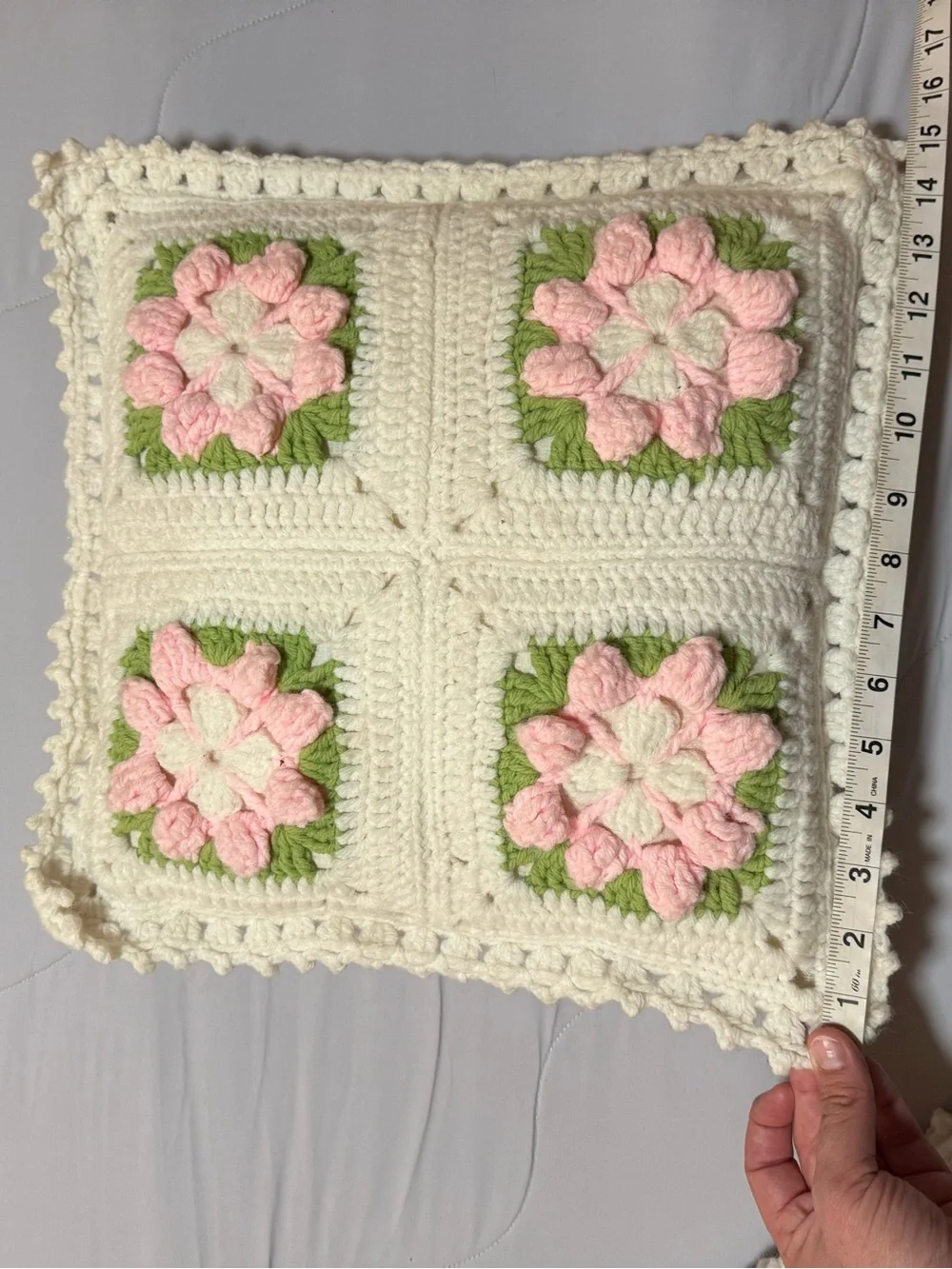 Hand Crocheted White Puffy Floral Granny Square Blanket 62 x 42.5” w Free Pillow